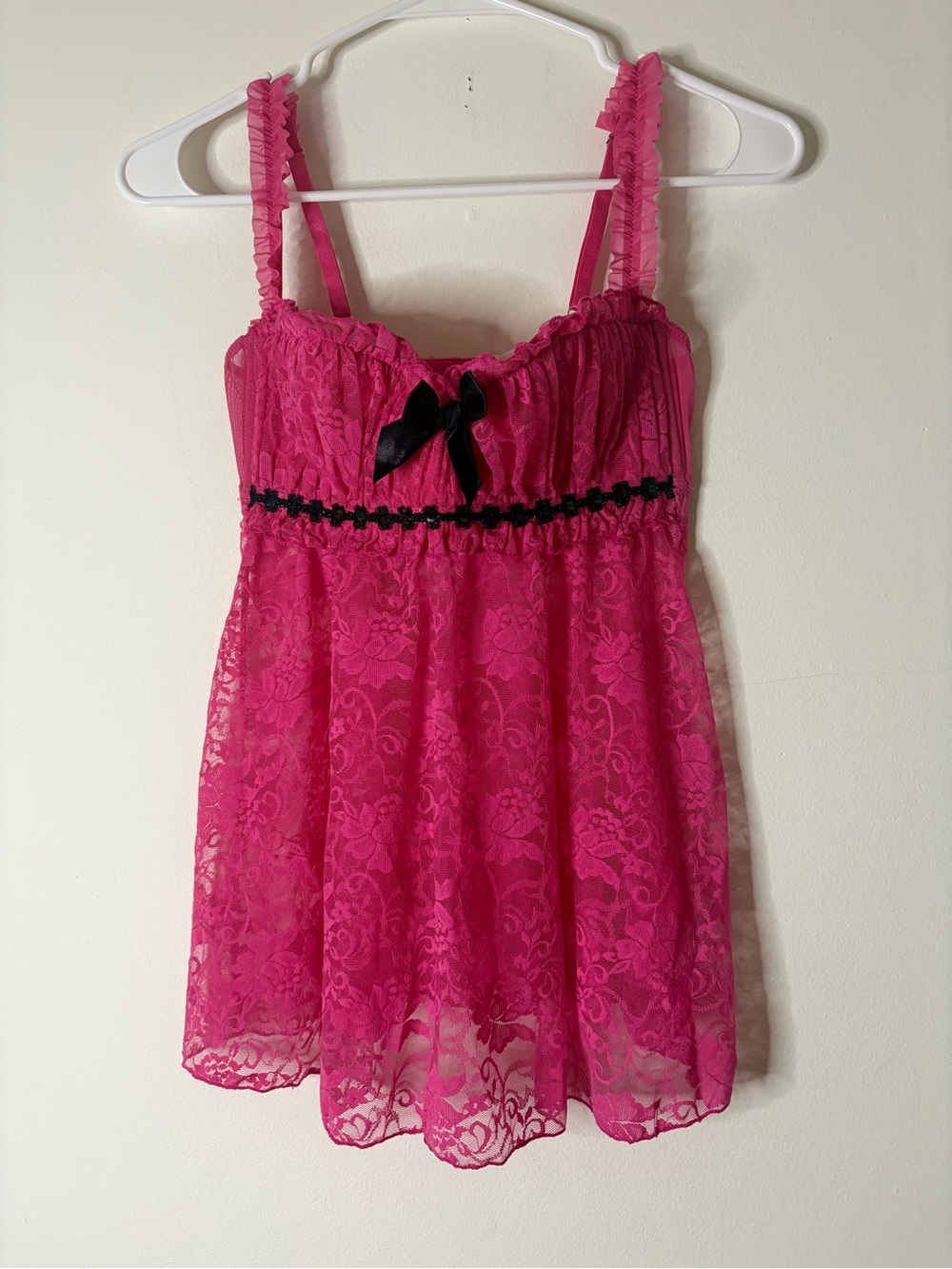 Frederick's of Hollywood Hot Pink Lace Babydoll with Black Trim